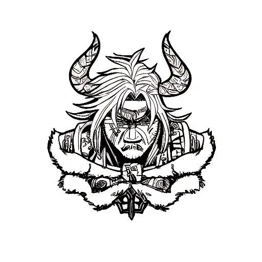 Combine the concept of carving with the Viking theme from Vinland Saga. Create a tattoo depicting a fierce Viking warrio tattoo design idea