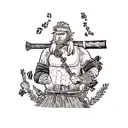 Combine the concept of carving with the Viking theme from Vinland Saga. Create a tattoo depicting a fierce Viking warrio tattoo design idea