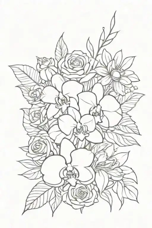 bouquet of orchid, honeysuckle, white rose, rose, and sunflower  tattoo design idea