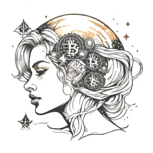beautiful woman face with head filled with bitcoin and with galaxy background tattoo design idea