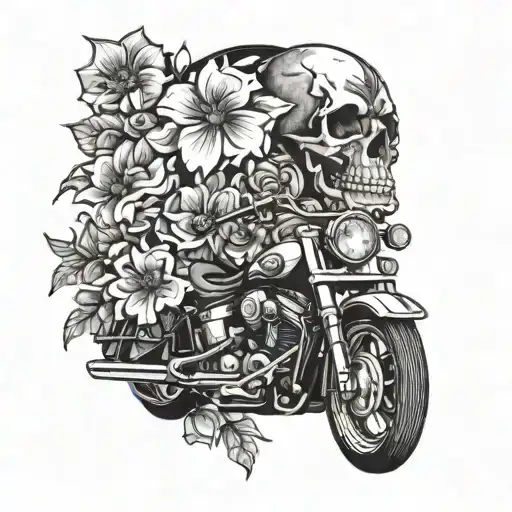 A skull surrounded by blooming flowers, with a Harley Davidson motorcycle integrated into the design tattoo design idea