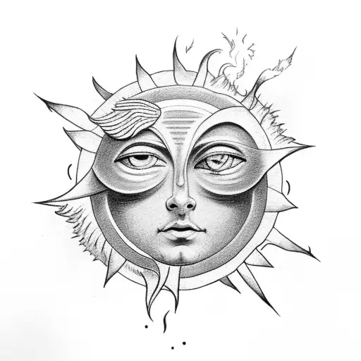 mercury the god with a sun as face and winged shoes standing on a sphere which is erupting flames tattoo design idea