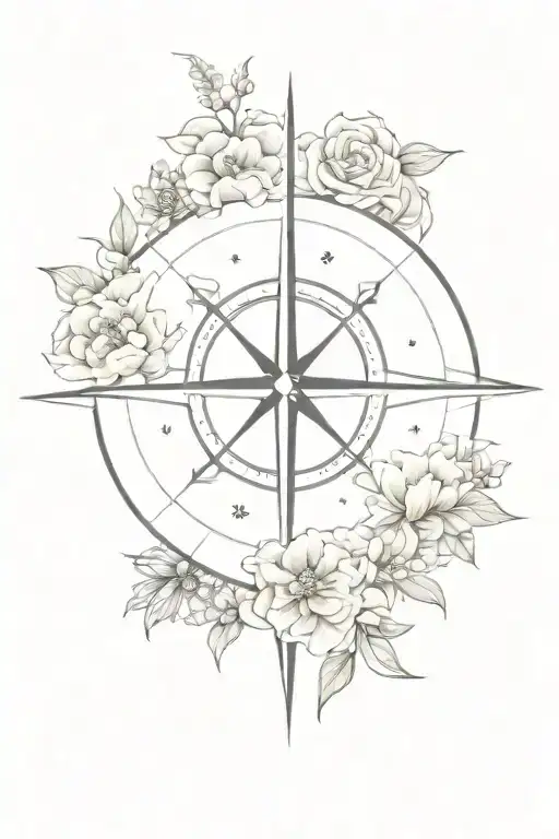 compass covered with flowers, salvador dali inspired but still a true compass. black and grey thickness but minimalistic tattoo design idea