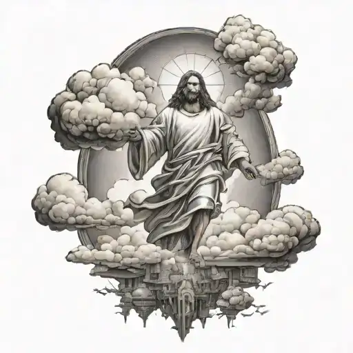 Jesus descending from the clouds floating in the sky, underneath him will be post-apocalyptic city with 5 knights  tattoo design idea
