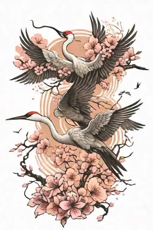 two crane flying, Sakura flowers floating tattoo design idea