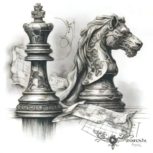 A chess piece that have a map pouch around the neck and walks on skies tattoo design idea
