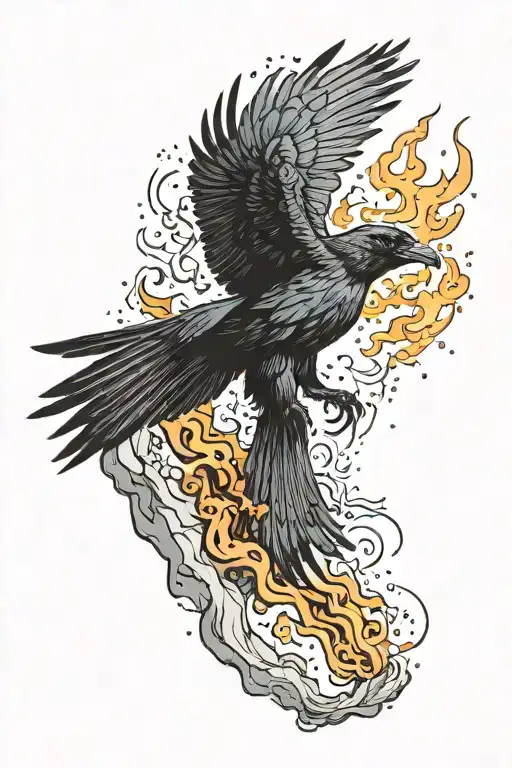 crow flying in cave filled with fire tattoo design idea
