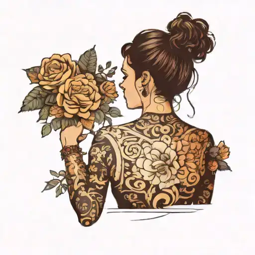 silhouette of a woman from behind with a big curly messy bun flowers up and down her extremities tattoo design idea