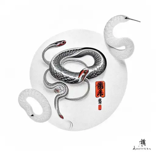 A white snake winding around the collarbone is pierced by three black nails with drops of blood at the ends tattoo design idea