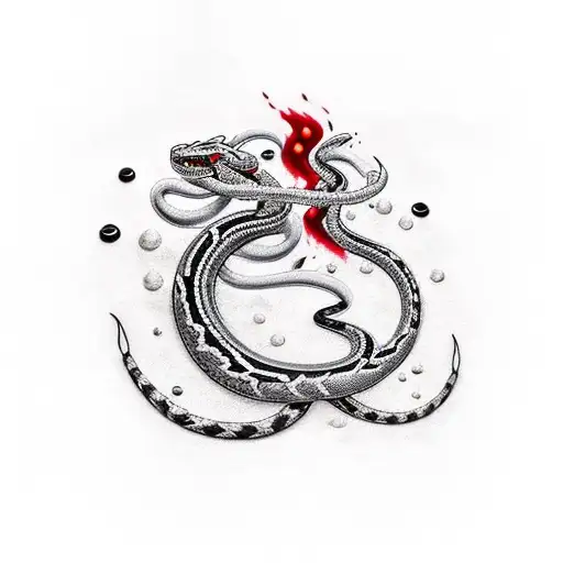 A white snake wrapped around its neck pierced by three black nails with drops of blood at the ends tattoo design idea