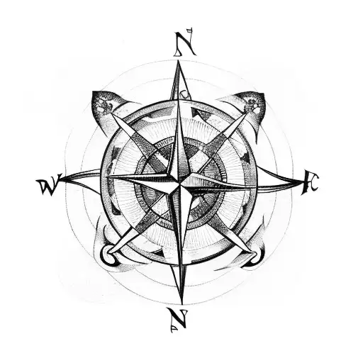 A blackwork tattoo of a musical note intertwined with a compass rose, symbolizing the client's love for music and travel. tattoo design idea
