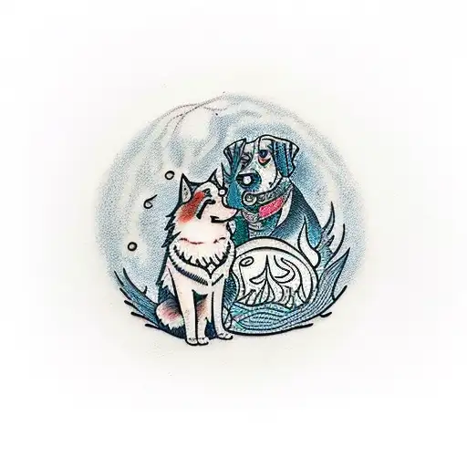 A traditional style tattoo of a dog sitting by a campfire and howling at the moon tattoo design idea