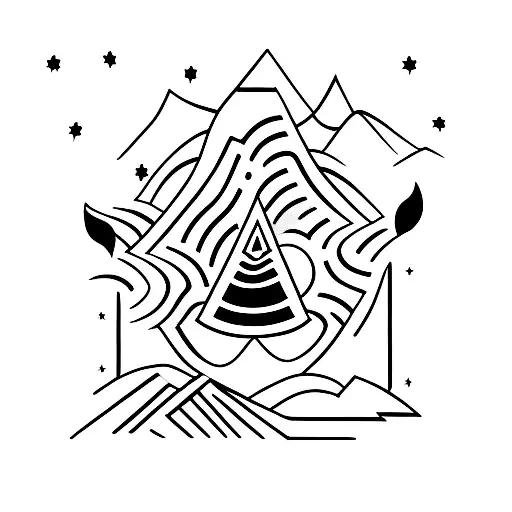 A minimalist tattoo of a camera shutter opening up to reveal a picturesque camping scene with a bonfire and starry sky tattoo design idea