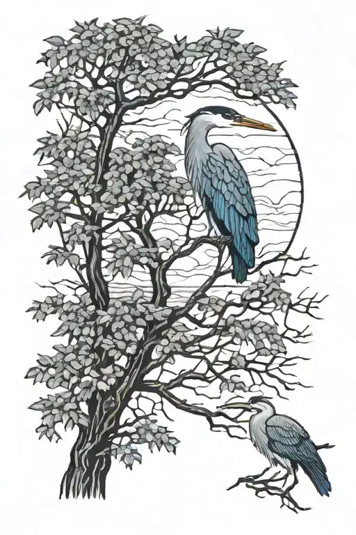 blue heron in trees  tattoo design idea