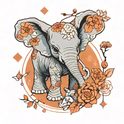 elephant calf small rabbit geometry love family space child  tattoo design idea