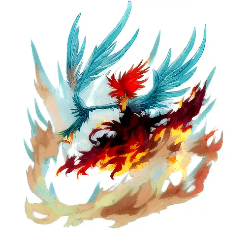 Phoenix rising from ashes in colour tattoo design idea