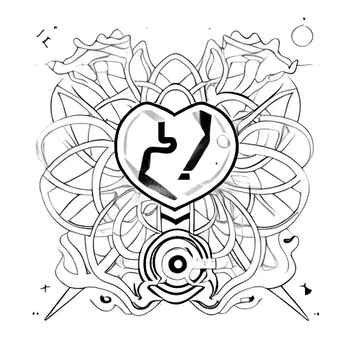 A sleek and shadowed number 76 infused with virtual reality elements and a heart symbol tattoo design idea