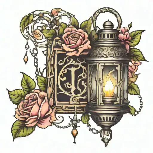 Imagine a lantern glowing softly, casting light on broken chains below it. Around the lantern, vibrant vines and flowers tattoo design idea