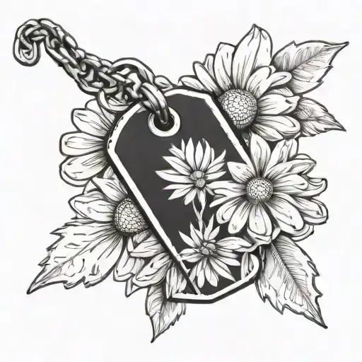 daisy flower with Dog Tag hanging tattoo design idea