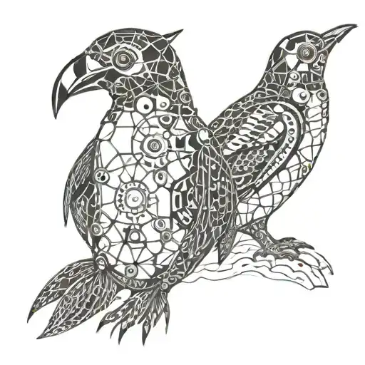 A steampunk-inspired geometric design featuring mechanical penguins tattoo design idea