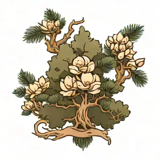 1 large and 1 small pine tree and 1 large and 1 small magnolia flower  tattoo design idea