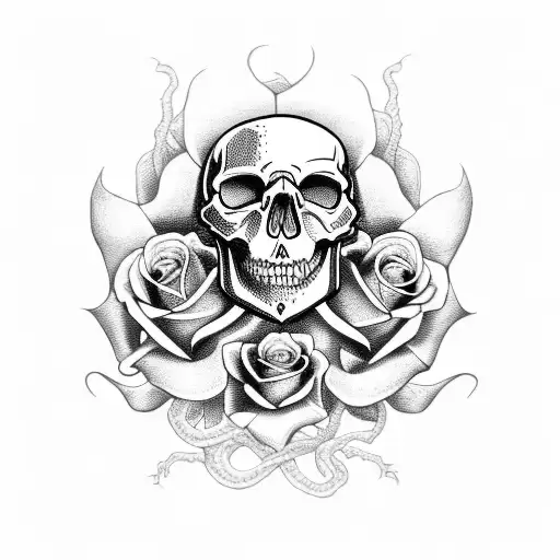 Skull and Roses with snake tattoo design idea