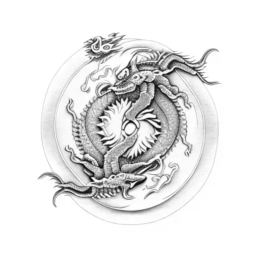 Monochrome yin-yang design with interlocking dragon tadpoles on Craiyon
