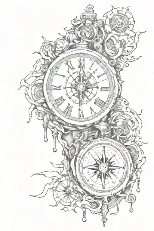 melting clock and a broken compass  tattoo design idea