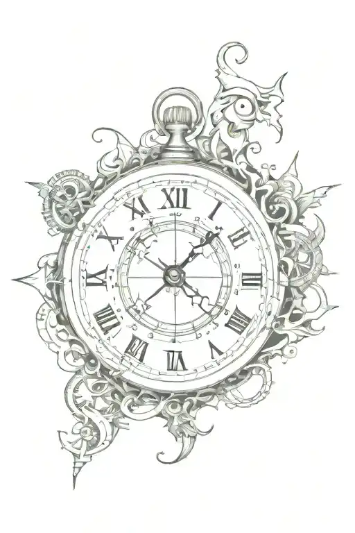 clock and a broken compass in Tim Burton style  tattoo design idea
