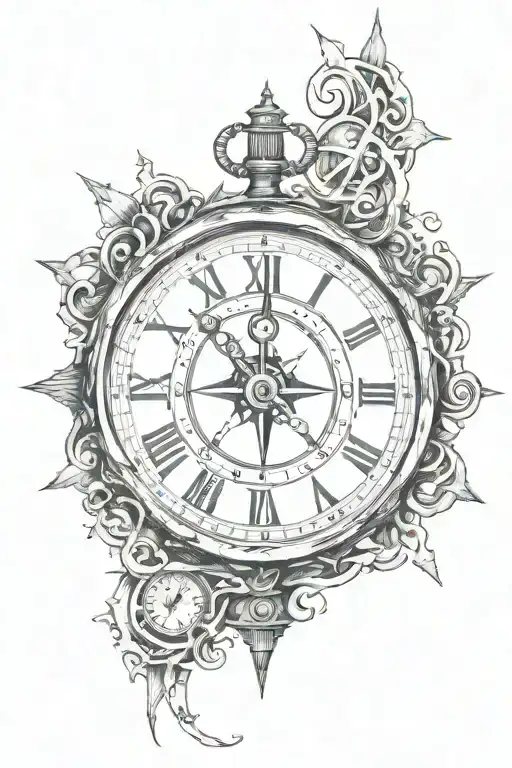 clock and a broken compass in Tim Burton style  tattoo design idea