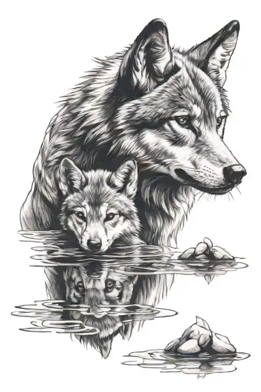 wolf cub and wolf reflection in the water darken everything tattoo design idea