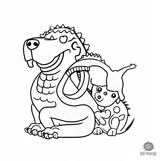 A minimalist tattoo of a dog and a dinosaur holding hands, representing the unconditional love between pets and their owners. tattoo design idea