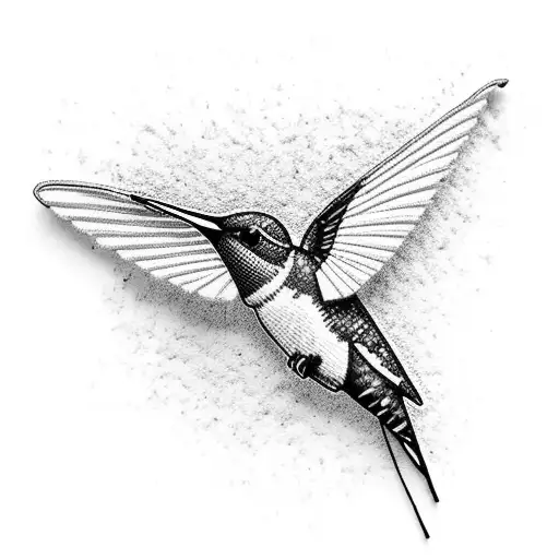A black and grey portrait of a hummingbird made entirely of sewing needles and thread tattoo design idea