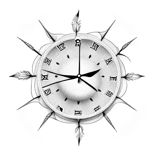 clock where the arms are feathers and the clock is surrounded with clouds tattoo design idea