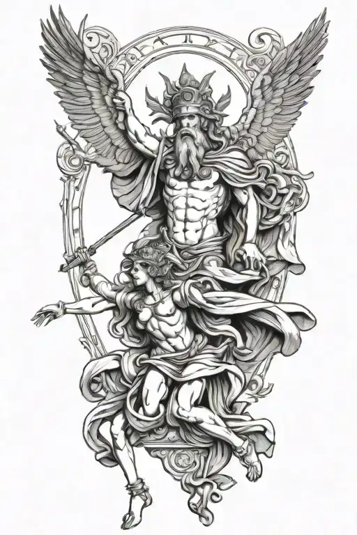 God Zeus and goddess Athena in super epic poses with prayer si vis pacem para bellum tattoo design idea