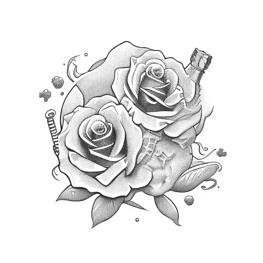 rum bottle with beach inside, two flowers around tattoo design idea