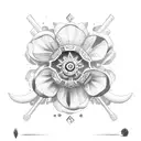rum bottle with beach inside, two flowers around tattoo design idea