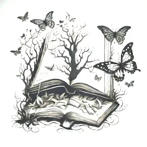 A mystical forest scene with butterflies fluttering around a giant book, representing the magic of reading tattoo design idea