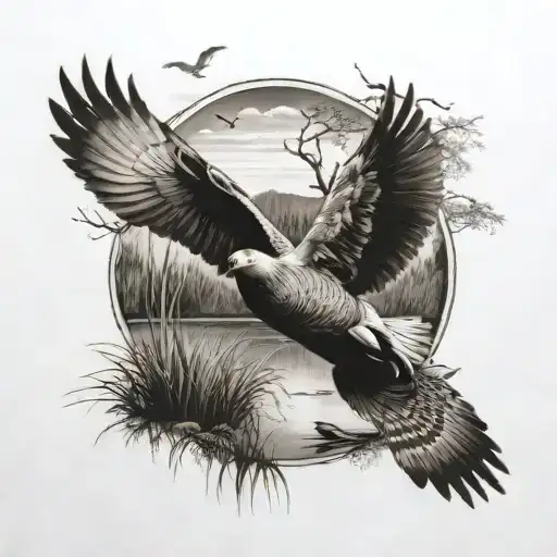 A black-grey tattoo of a hunting scene with a duck flying over a marsh tattoo design idea