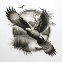 A black-grey tattoo of a hunting scene with a duck flying over a marsh tattoo design idea