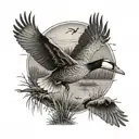 A black-grey tattoo of a hunting scene with a duck flying over a marsh tattoo design idea
