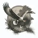 A black-grey tattoo of a hunting scene with a duck flying over a marsh tattoo design idea