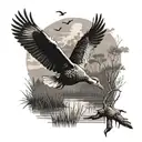 A black-grey tattoo of a hunting scene with a duck flying over a marsh tattoo design idea