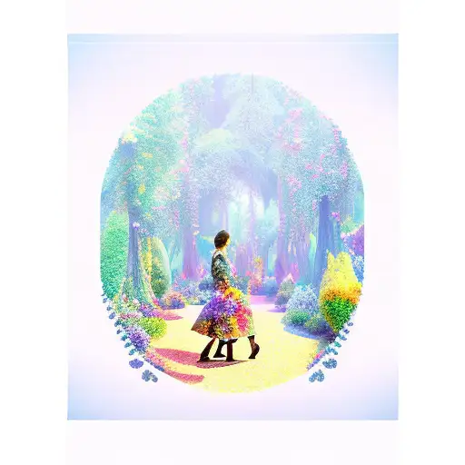 A whimsical scene of a person walking through a magical forest filled with talking animals and colorful flowers tattoo design idea