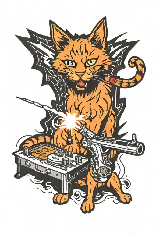 red Maine Coon cat and black pinscher dog around fire and rays of light, below there is a tattoo machine and syringe tattoo design idea