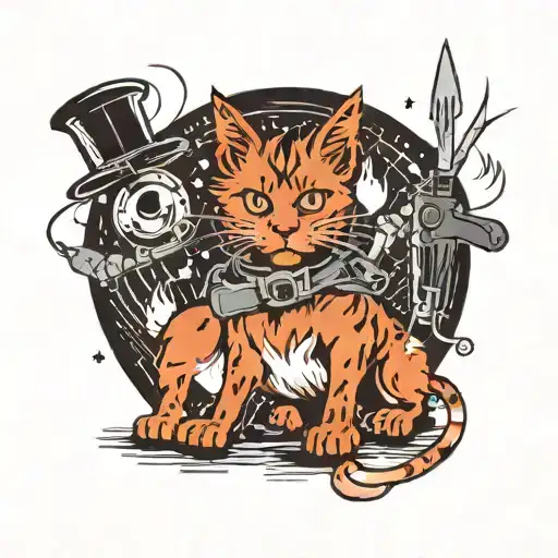 red Maine Coon cat and black pinscher dog around fire and rays of light, below there is a tattoo machine and syringe tattoo design idea