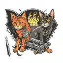 red Maine Coon cat and black pinscher dog around fire and rays of light, below there is a tattoo machine and syringe tattoo design idea