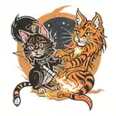 red Maine Coon cat and black pinscher dog around fire and rays of light, below there is a tattoo machine and syringe tattoo design idea