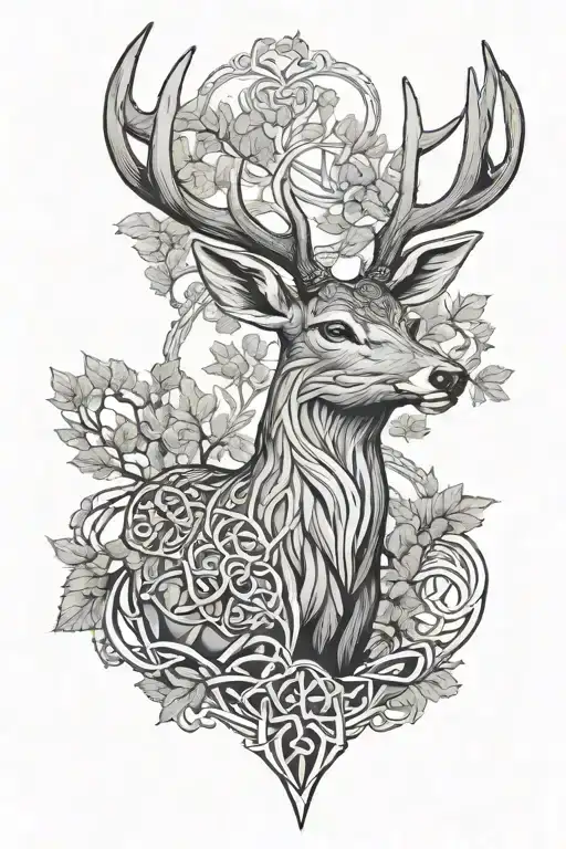 celtic deer head with trees tattoo design idea