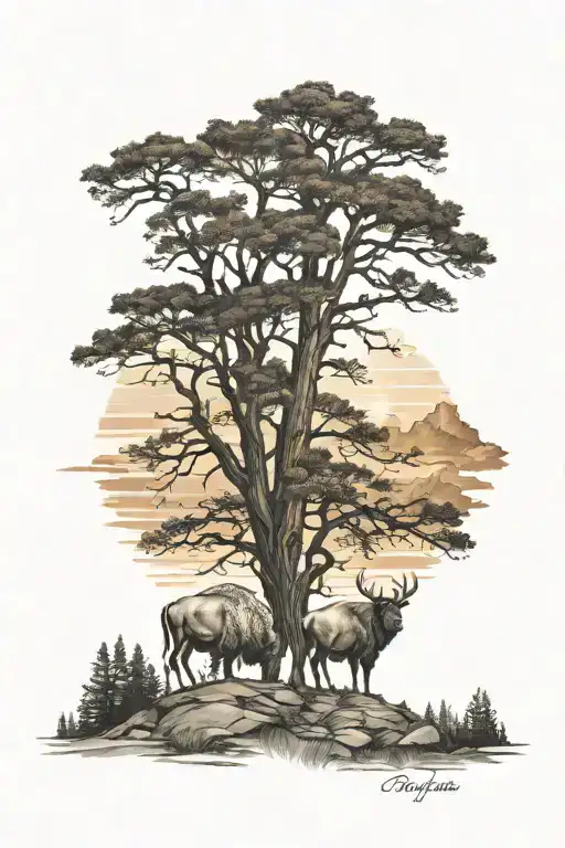 Yellowstone nature with two daughters in a sunset tattoo design idea